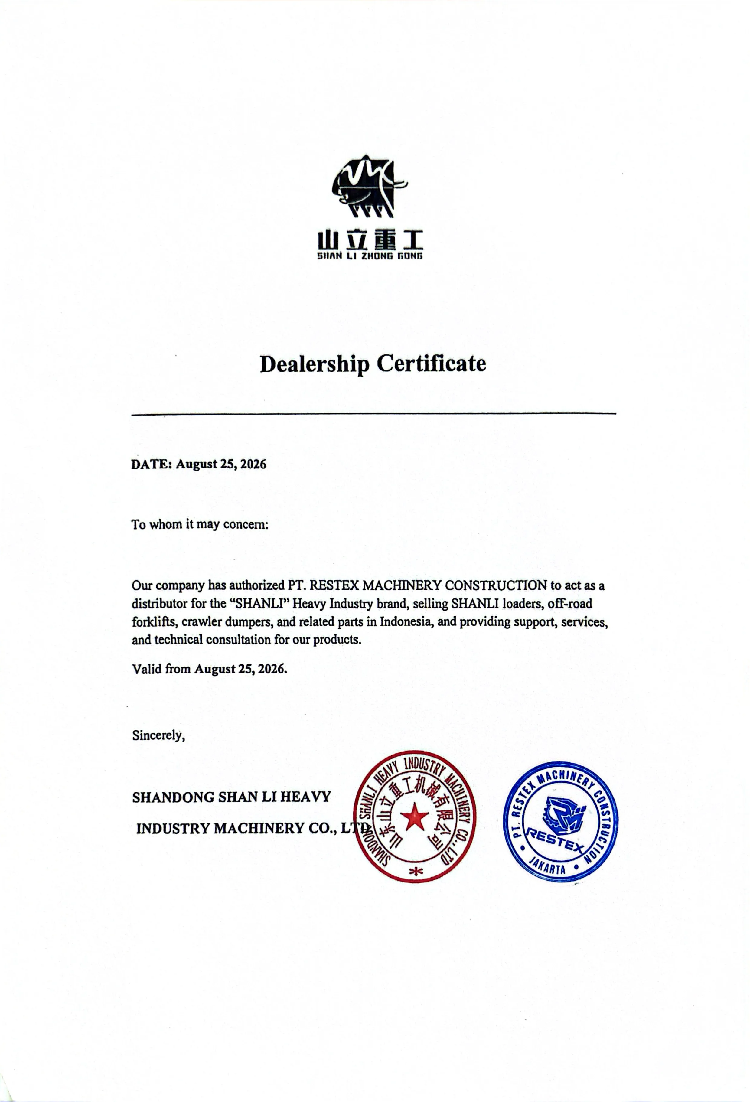 Sertifikat Distributor Resmi SHANLI — PT. RestexMachineryConstruction